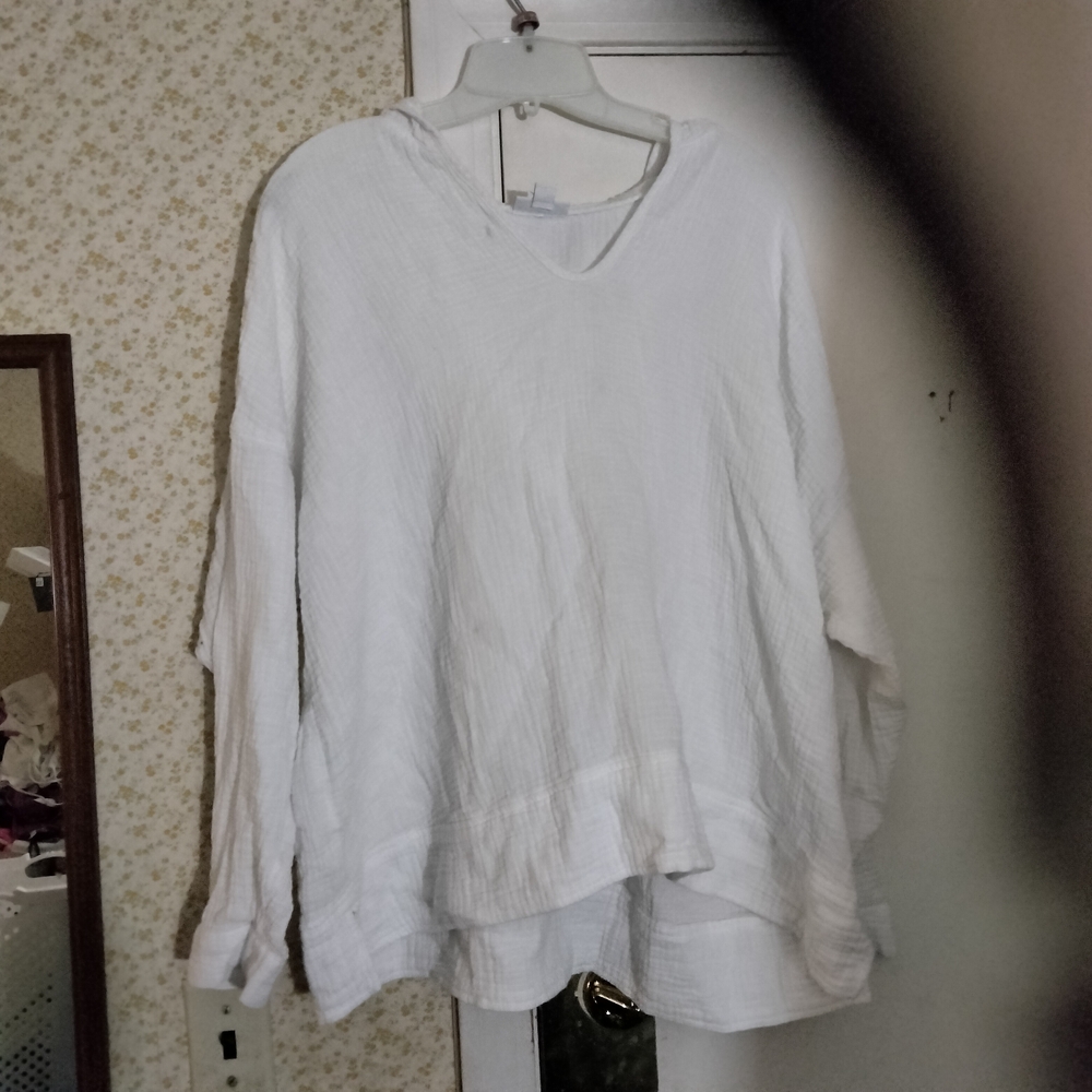 J. Jill White Oversized Long Lightweight Summer Hooded Casual Shirt